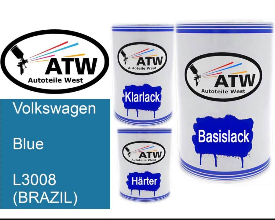 Volkswagen, Blue, L3008 (BRAZIL): 500ml Lackdose + 500ml Klarlack + 250ml Härter - Set, von ATW Autoteile West.